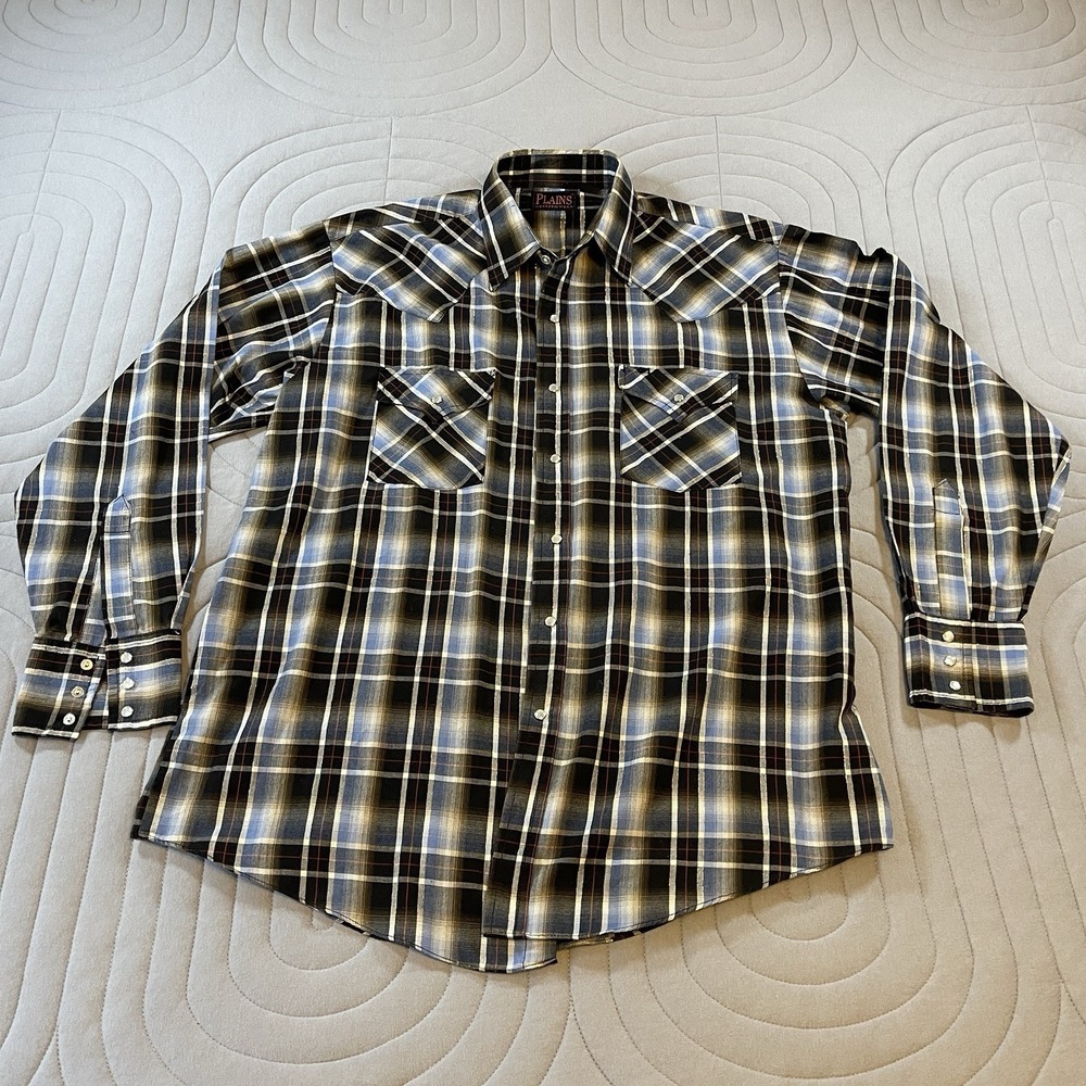 Vintage Plains Western Wear Pearl Snap Shirt Mens L Blue Plaid Western Cotton